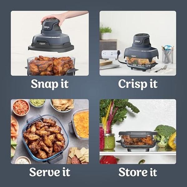 Ninja Crispi 4-in-1 Portable Glass Air Fryer Cooking System, 4QT & 6 Cup Glass Containers with Storage Lids, Easy Meals, Microwave, Freezer & Dishwasher Safe, Air Fry, Bake & More,