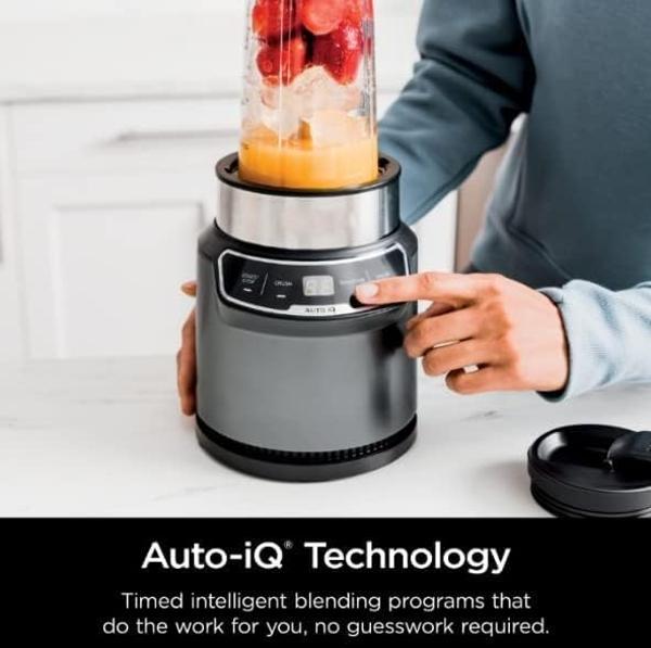Ninja BN401-A Nutri Pro Compact Personal Blender, Auto-iQ Technology, 1100-Peak-Watts, for Frozen Drinks, Smoothies, Sauces & More, With To-Go Cups & Spout Lids, Gray