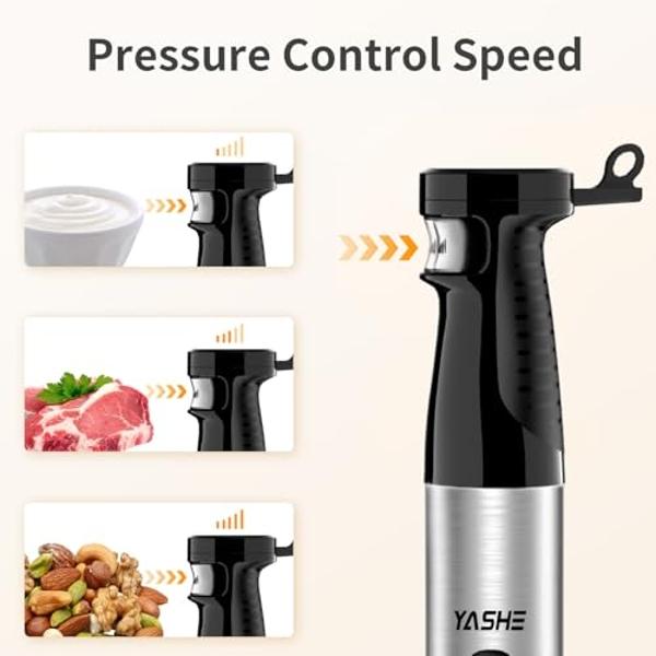 YASHE Immersion Blender Handheld, 5 in 1 Hand Blender, Continuously Variable Speed, Stainless Steel Stick, Powerful Motor, Emulsion Blender with Chopper, Whisk and Milk Frother for