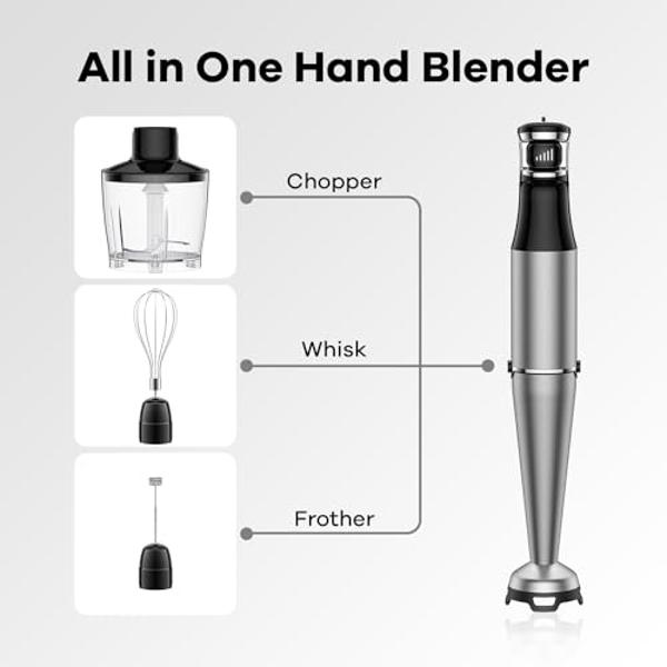 Immersion Hand Blender 5 in 1: 800W Electric Blender Handheld Stick Mixer with Trigger Control Grip, Emulsion Blenders for Kitchen Soup, Mayo, Smoothie and Baby Food, with Chopper,