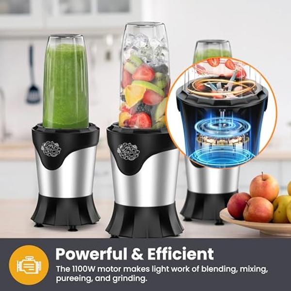 Suavo Smoothie Blender 1100W Portable Personal Blender for Shakes and Smoothies with 2 * 22Oz To-Go Cups & Lids, Includes Portable Coffee Grinder and 10Oz BPA-Free Travel Cup Count