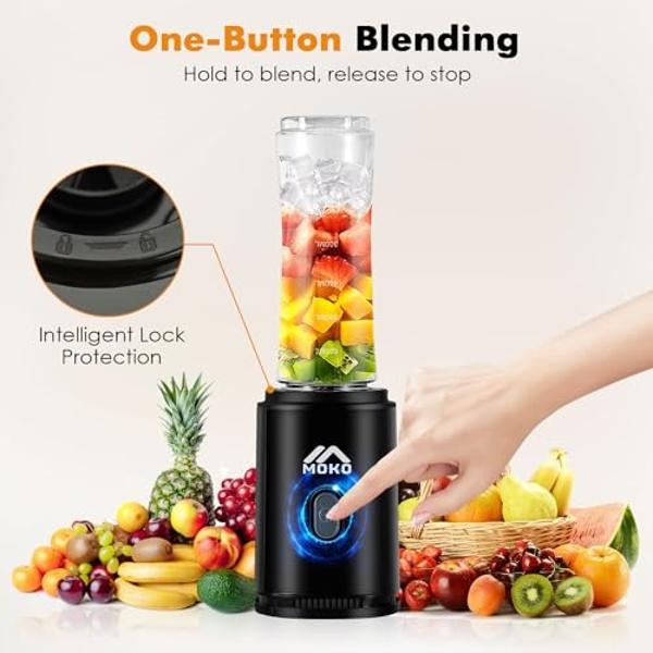 MoKo Countertop Blender for Kitchen for Smoothies/ice, Portable Blenders Personal Size with 22 OZ BPA Free Travel Cup and Lid, 6 Stainless Steel Blades for Powerful Blending, Black