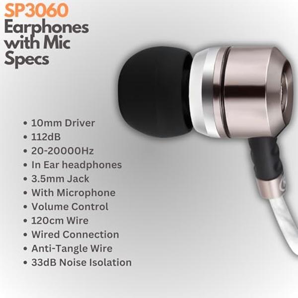 Sephia SP3060VC Wired Earbuds with Microphone, in-Ear Headphones with Noise Isolation & Deep Bass, 3.5mm Jack Earphones for Cellphone, Android, Laptop & Tablet, Tangle-Free Cable, 