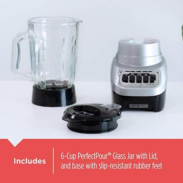 BLACK+DECKER PowerCrush Countertop Blender, 6-Cup Glass Jar, For Smoothies and More, Stainless Steel Blade, 4 Speed Settings to Puree, Crush Ice, Chop, Dice, and Pulse, Dishwasher 