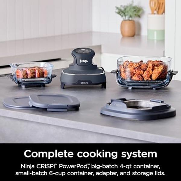 Ninja Crispi 4-in-1 Portable Glass Air Fryer Cooking System, 4QT & 6 Cup Glass Containers with Storage Lids, Easy Meals, Microwave, Freezer & Dishwasher Safe, Air Fry, Bake & More,