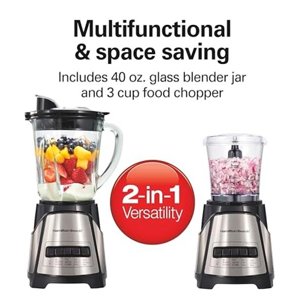 Hamilton Beach Power Elite Blender for Smoothies with 3-Cup Vegetable Chopper Mini Food Processor, 40oz Glass Jar, 12 Functions for Puree, Ice Crush, Black and Stainless Steel (581