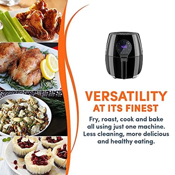 Elite Gourmet EAF5317D Digital 5.3Qt Hot Air Fryer 7 Menu Functions 1350W Oil-Less Healthy Cooker, Timer & Temperature Controls, PFOA/PTFE Free, Black