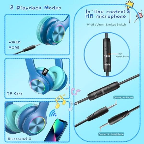 Candy Bila Bluetooth Kids Headphones Fit for Aged 3-21, Colorful LED Lights Comfort Wireless Headphones with Microphone 94dB Volume Limited for School/iPad/PC/TV/Cellphones, Wired 