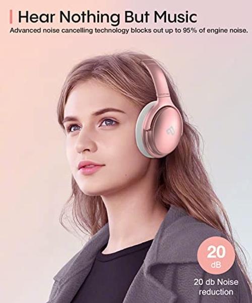 INFURTURE Upgrade Rose Gold Active Noise Cancelling Headphones with Microphone Wireless Over Ear Bluetooth, Deep Bass, Memory Foam Ear Cups, Quick Charge 90H Playtime, for TV, Trav