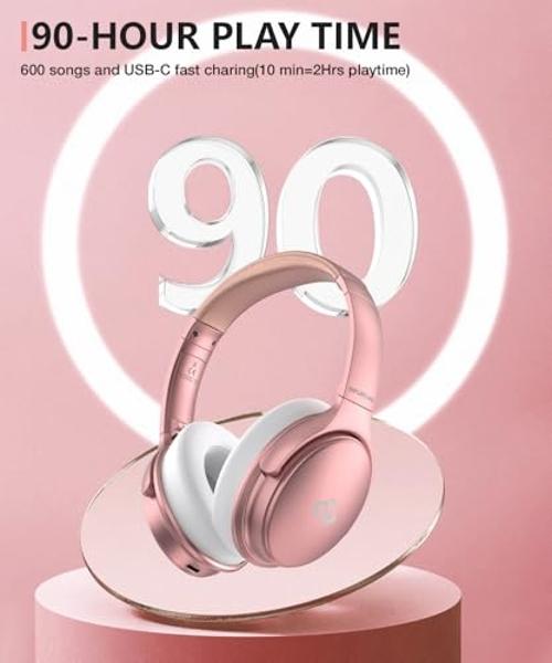 INFURTURE Upgrade Rose Gold Active Noise Cancelling Headphones with Microphone Wireless Over Ear Bluetooth, Deep Bass, Memory Foam Ear Cups, Quick Charge 90H Playtime, for TV, Trav