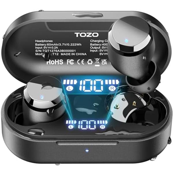 TOZO T12 (Compact Ergonomic Edition) Wireless Earbuds Bluetooth 5.3 Headphones, Call ENC Noise Cancelling Mic, 55Hrs Playtime App Customize EQ IPX8 Waterproof LED Digital Display P
