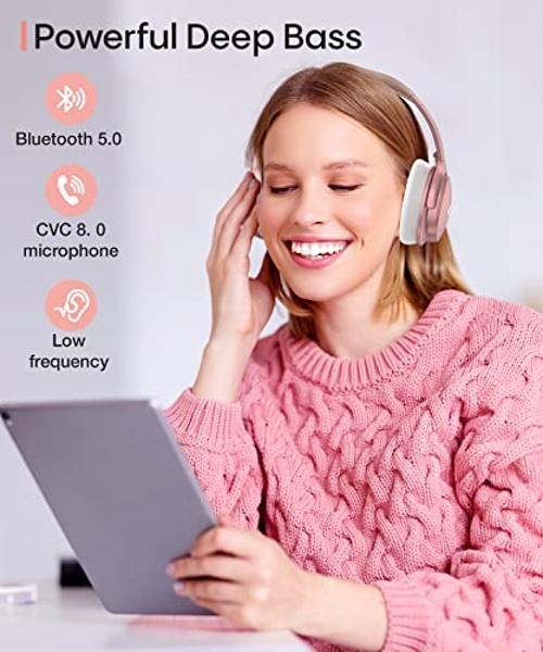INFURTURE Upgrade Rose Gold Active Noise Cancelling Headphones with Microphone Wireless Over Ear Bluetooth, Deep Bass, Memory Foam Ear Cups, Quick Charge 90H Playtime, for TV, Trav