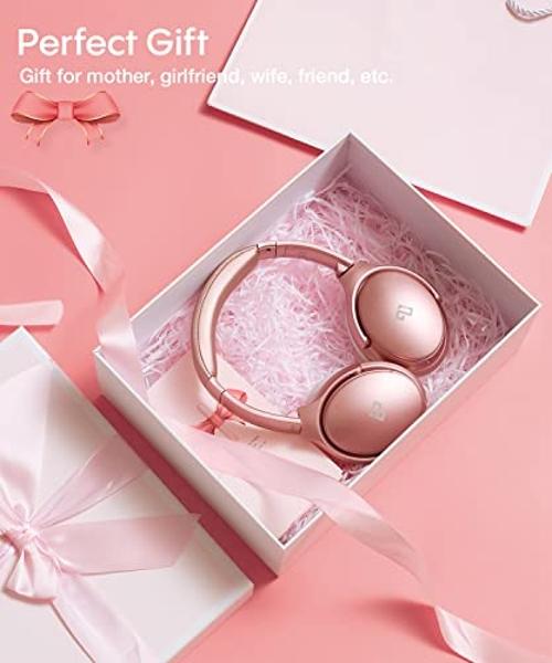INFURTURE Upgrade Rose Gold Active Noise Cancelling Headphones with Microphone Wireless Over Ear Bluetooth, Deep Bass, Memory Foam Ear Cups, Quick Charge 90H Playtime, for TV, Trav