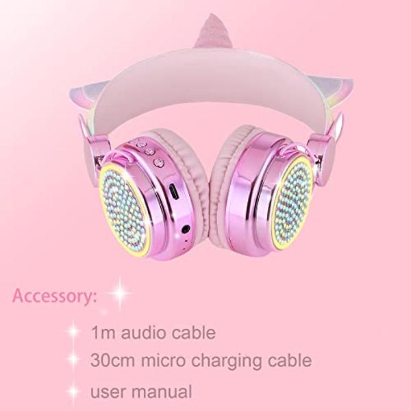 KORABA Kids Wireless Headphones for Girls Children Teens, LED Light Up Bluetooth Unicorn Headphones with Microphone for School/Xmas/Online Study/Unicorn Gifts (Pink Wireless)
