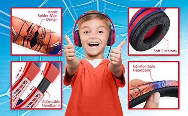 Spiderman Kids Headphones, Adjustable Headband, Stereo Sound, 3.5Mm Jack, Wired Headphones for Kids, Tangle-Free, Volume Control, Foldable, Childrens Earphones for School Home, Tra