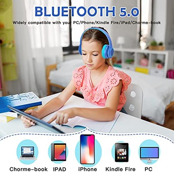 Candy Bila Bluetooth Kids Headphones Fit for Aged 3-21, Colorful LED Lights Comfort Wireless Headphones with Microphone 94dB Volume Limited for School/iPad/PC/TV/Cellphones, Wired 