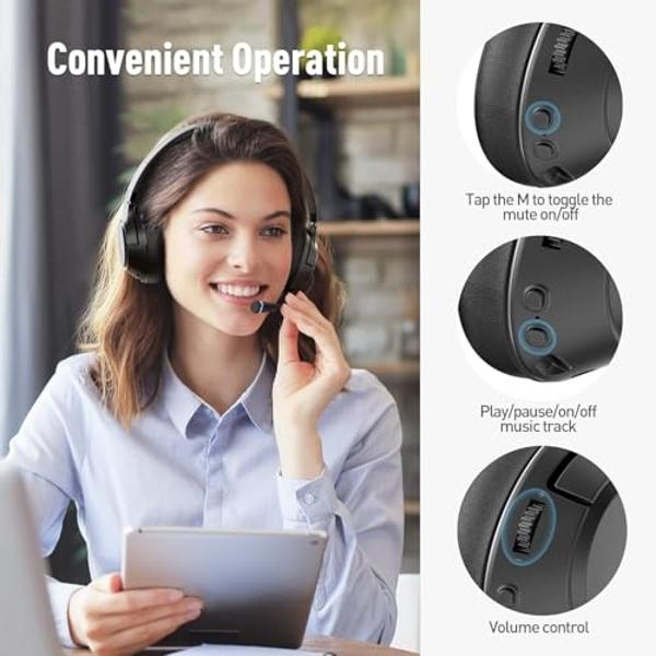 COOSII H300 Wireless Headphones Bluetooth with Microphone, Over Ear Headsets with USB Dongle & Mute, Environmental Noise Cancelling Retractable Mic for Work Office Meeting Laptop C