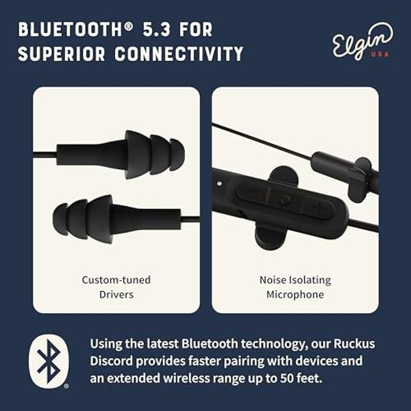 Elgin Ruckus Wireless Bluetooth Earplug Headphones, 25 dB Noise Reduction Ear Plug Earbuds, Noise Cancelling Mic, 12 Hour Battery, IP65 sweatproof, OSHA Compliant Hearing Protectio