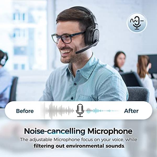 COOSII H300 Wireless Headphones Bluetooth with Microphone, Over Ear Headsets with USB Dongle & Mute, Environmental Noise Cancelling Retractable Mic for Work Office Meeting Laptop C