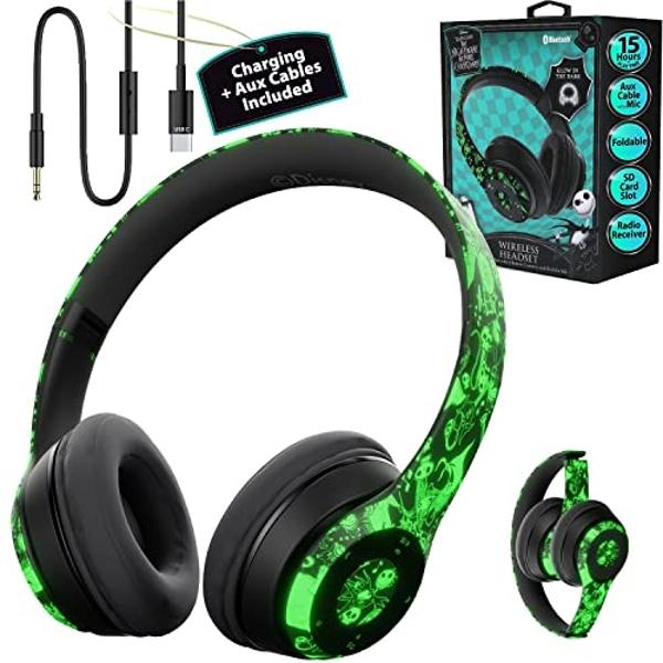 Disney Nightmare Before Christmas Glow in The Dark Bluetooth Headphones Over Ear, Wireless and Wired Foldable Headset Built-in Microphone - Tim Burton Jack Skellington & Sally - Ad