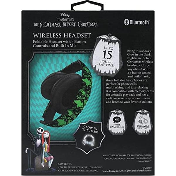 Disney Nightmare Before Christmas Glow in The Dark Bluetooth Headphones Over Ear, Wireless and Wired Foldable Headset Built-in Microphone - Tim Burton Jack Skellington & Sally - Ad