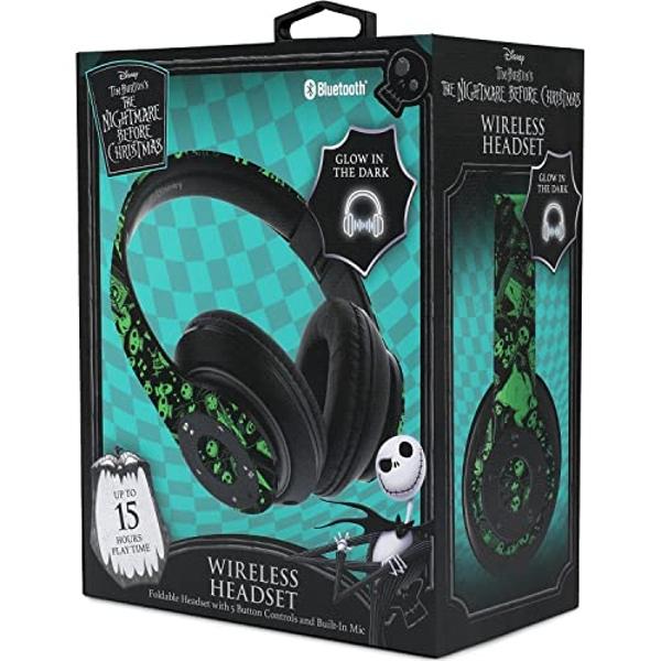 Disney Nightmare Before Christmas Glow in The Dark Bluetooth Headphones Over Ear, Wireless and Wired Foldable Headset Built-in Microphone - Tim Burton Jack Skellington & Sally - Ad