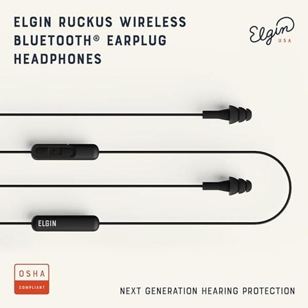 Elgin Ruckus Wireless Bluetooth Earplug Headphones, 25 dB Noise Reduction Ear Plug Earbuds, Noise Cancelling Mic, 12 Hour Battery, IP65 sweatproof, OSHA Compliant Hearing Protectio