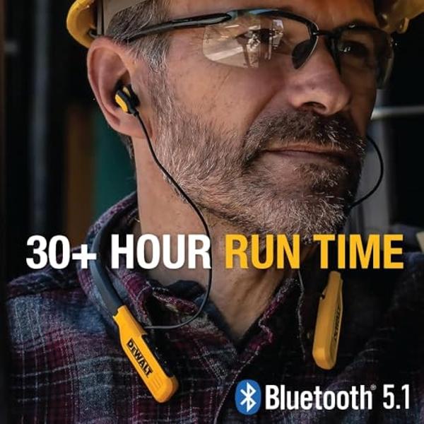 DEWALT Heavy Duty Bluetooth Neckband Headphones, Wireless Around The Neck Earbuds w/ 30H Runtime + Noise Isolation, Secure Magnetic Wireless Earbuds, Jobsite Pro Built-in Mic Bluet