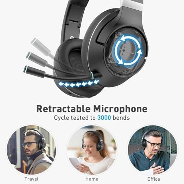 COOSII H300 Wireless Headphones Bluetooth with Microphone, Over Ear Headsets with USB Dongle & Mute, Environmental Noise Cancelling Retractable Mic for Work Office Meeting Laptop C