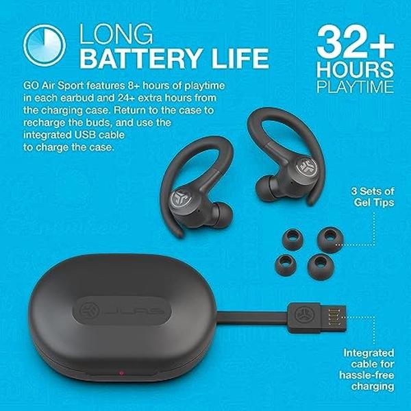 JLab Go Air Sport, Wireless Workout Earbuds Featuring C3 Clear Calling, Secure Earhook Sport Design, 32+ Hour Bluetooth Playtime, and 3 EQ Sound Settings (Graphite/Black)