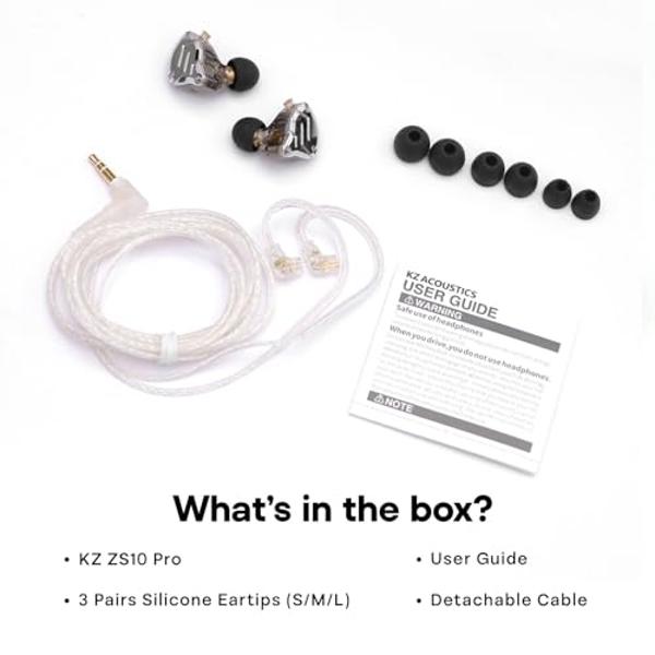 Linsoul KZ ZS10 Pro, 4BA+1DD 5 Driver in Ear Monitor, HiFi Wired Earbuds, Gaming Earbuds, Hybrid IEM Earphones with Stainless Steel Faceplate, Detachable Cable for Musician(Without