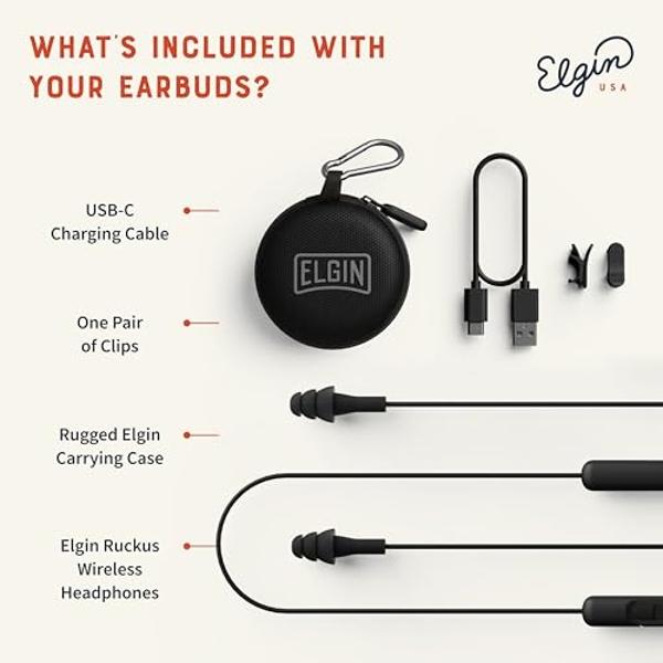 Elgin Ruckus Wireless Bluetooth Earplug Headphones, 25 dB Noise Reduction Ear Plug Earbuds, Noise Cancelling Mic, 12 Hour Battery, IP65 sweatproof, OSHA Compliant Hearing Protectio