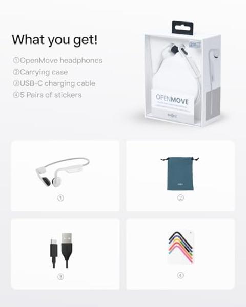 SHOKZ OpenMove - Open-Ear Bluetooth Sport Headphones, Bone Conduction Wireless Earphones, Sweatproof for Running and Workouts, with Sticker Pack(White)