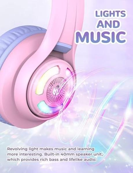 iClever Cat Ear Kids Bluetooth Headphones, LED Lights Up, 74/85/94dB Volume Limited, 50H Playtime,Bluetooth 5.2, USB C,Kids Headphones Wireless Over Ear for Travel iPad Tablet, Meo