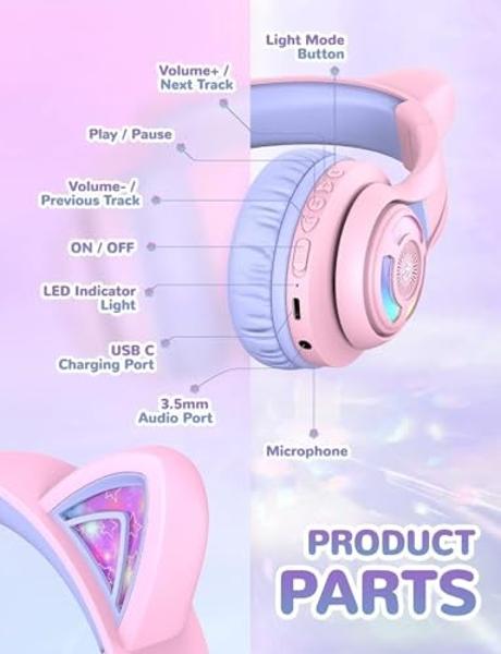 iClever Cat Ear Kids Bluetooth Headphones, LED Lights Up, 74/85/94dB Volume Limited, 50H Playtime,Bluetooth 5.2, USB C,Kids Headphones Wireless Over Ear for Travel iPad Tablet, Meo