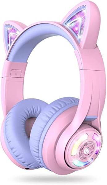 iClever Cat Ear Kids Bluetooth Headphones, LED Lights Up, 74/85/94dB Volume Limited, 50H Playtime,Bluetooth 5.2, USB C,Kids Headphones Wireless Over Ear for Travel iPad Tablet, Meo