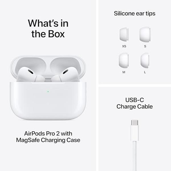 Apple AirPods Pro 2 Wireless Earbuds, Active Noise Cancellation, Hearing Aid Feature, Bluetooth Headphones, Transparency, Personalized Spatial Audio, High-Fidelity Sound, H2 Chip, 