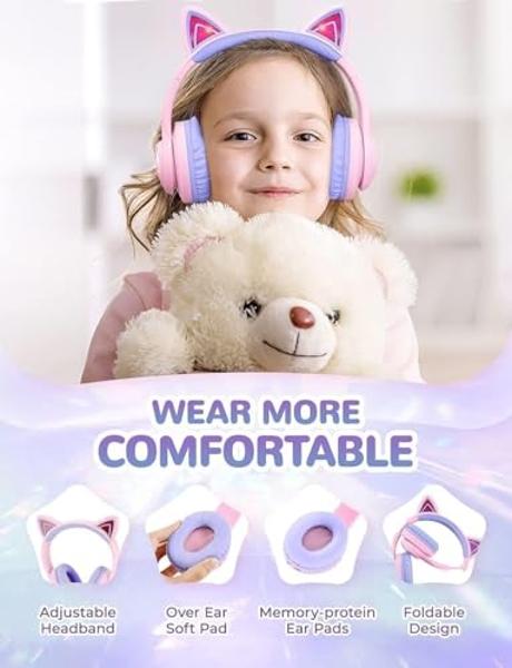 iClever Cat Ear Kids Bluetooth Headphones, LED Lights Up, 74/85/94dB Volume Limited, 50H Playtime,Bluetooth 5.2, USB C,Kids Headphones Wireless Over Ear for Travel iPad Tablet, Meo
