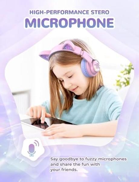 iClever Cat Ear Kids Bluetooth Headphones, LED Lights Up, 74/85/94dB Volume Limited, 50H Playtime,Bluetooth 5.2, USB C,Kids Headphones Wireless Over Ear for Travel iPad Tablet, Meo