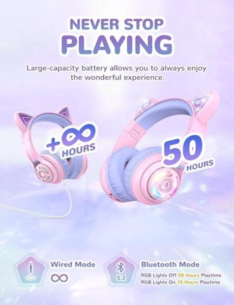 iClever Cat Ear Kids Bluetooth Headphones, LED Lights Up, 74/85/94dB Volume Limited, 50H Playtime,Bluetooth 5.2, USB C,Kids Headphones Wireless Over Ear for Travel iPad Tablet, Meo