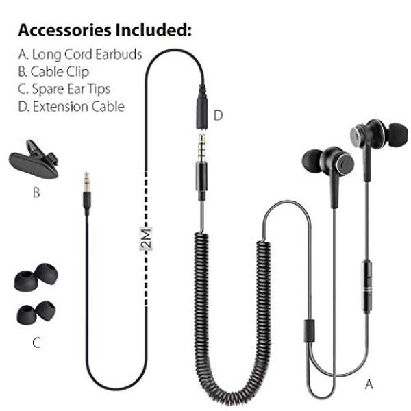 Avantree Long Cord Earbuds for TV & PC, 18ft / 5.5m Extension Cable Earphones with Mic & Extra Long Spring Coil Wire, Metal Stereo in-Ear Wired Bass Headphones for 3.5mm Audio Outp