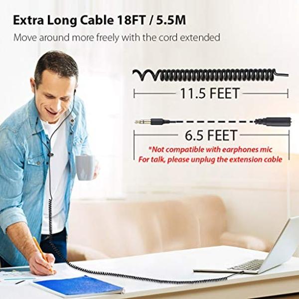 Avantree Long Cord Earbuds for TV & PC, 18ft / 5.5m Extension Cable Earphones with Mic & Extra Long Spring Coil Wire, Metal Stereo in-Ear Wired Bass Headphones for 3.5mm Audio Outp