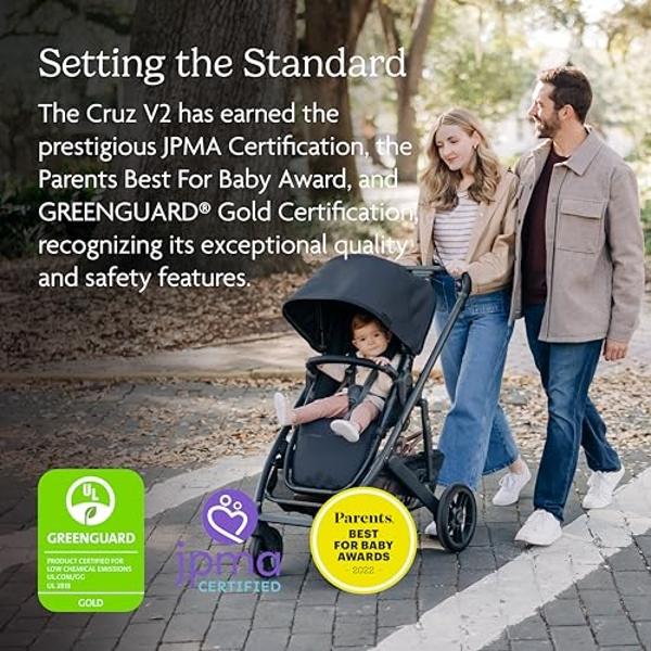 UPPAbaby Cruz V2 Stroller/Full-Featured Stroller with Travel System Capabilities/Toddler Seat, Bumper Bar, Bug Shield, Rain Shield Included/Anthony (White+Grey Chenille/Carbon Fram