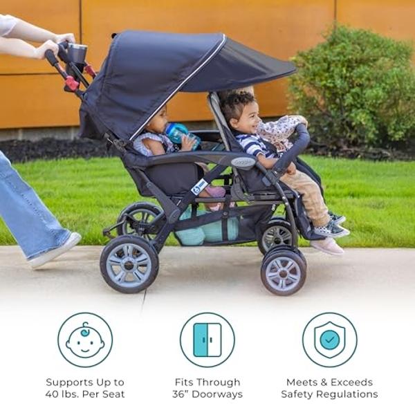 UPPAbaby G-Link V2 Double Umbrella Stroller / Lightweight Design / One-Step Fold + Recline / XL Basket + Canopy / Cup Holder Included / Greyson (Charcoal Mélange/Carbon Frame)