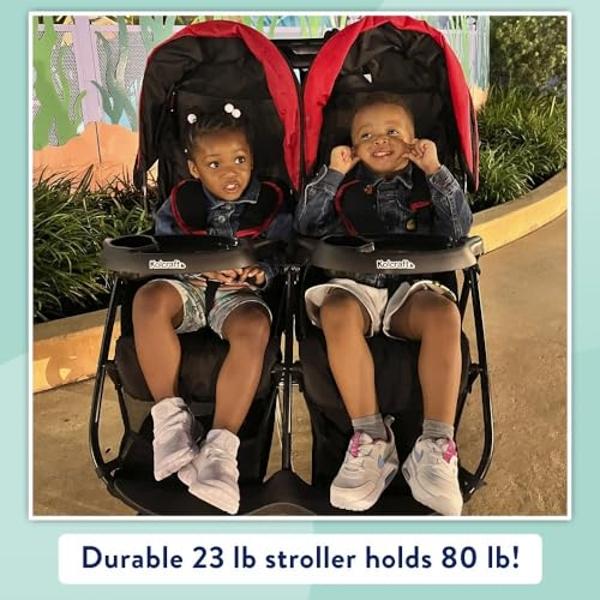 Kolcraft Cloud Plus Side-by-Side Lightweight Double Baby Stroller and Toddler Stroller with Reclining Seats, Child and Parent Trays, Large Storage, Extendable Canopies, Compact Fol