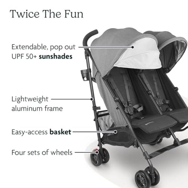 UPPAbaby G-Link V2 Double Umbrella Stroller / Lightweight Design / One-Step Fold + Recline / XL Basket + Canopy / Cup Holder Included / Greyson (Charcoal Mélange/Carbon Frame)