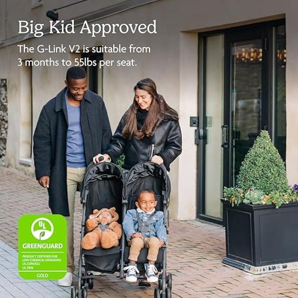 UPPAbaby G-Link V2 Double Umbrella Stroller / Lightweight Design / One-Step Fold + Recline / XL Basket + Canopy / Cup Holder Included / Greyson (Charcoal Mélange/Carbon Frame)
