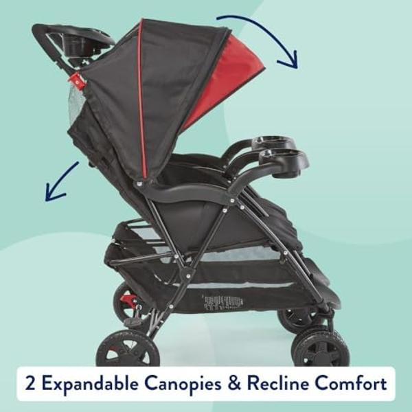 Kolcraft Cloud Plus Side-by-Side Lightweight Double Baby Stroller and Toddler Stroller with Reclining Seats, Child and Parent Trays, Large Storage, Extendable Canopies, Compact Fol