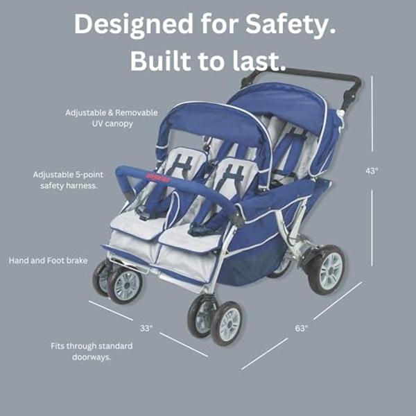Children’s Factory Infant Toddler SureStop Folding Commercial Bye-Bye Stroller (4-Passenger), Blue