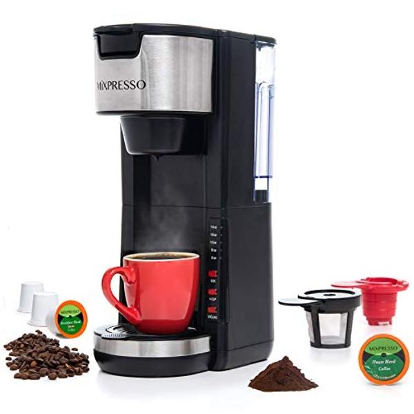 Mixpresso Single Serve Coffee Brewer K-Cup Pods Compatible & Ground Coffee, 30 oz Compact Coffee Maker Single Serve With 5 Brew Sizes Up To 14 Oz, Fits Travel Mug, Adjustable Drip 